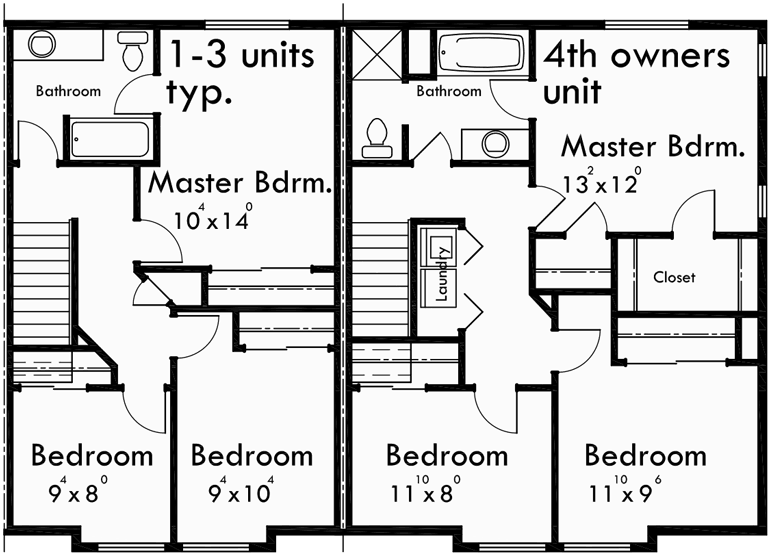 Upper Floor Plan for F-537 4 plex plans, fourplex with owners unit, quadplex plans with garage, 3 bedroom 4 plex house plans, F-537