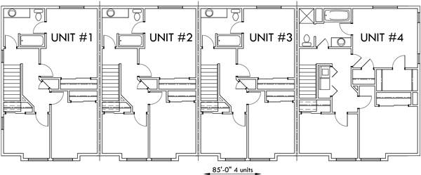 Upper Floor Plan 2 for 4 plex plans, fourplex with owners unit, quadplex plans with garage, 3 bedroom 4 plex house plans, F-537