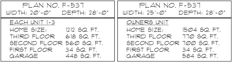 Additional Info for 4 plex plans, fourplex with owners unit, quadplex plans with garage, 3 bedroom 4 plex house plans, F-537