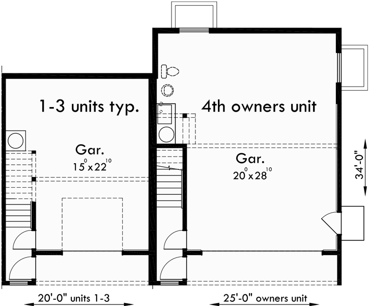 Lower Floor Plan for F-551 4 plex plans, fourplex with owners unit, quadplex plans with garage, 3 bedroom 4 plex house plans, F-551