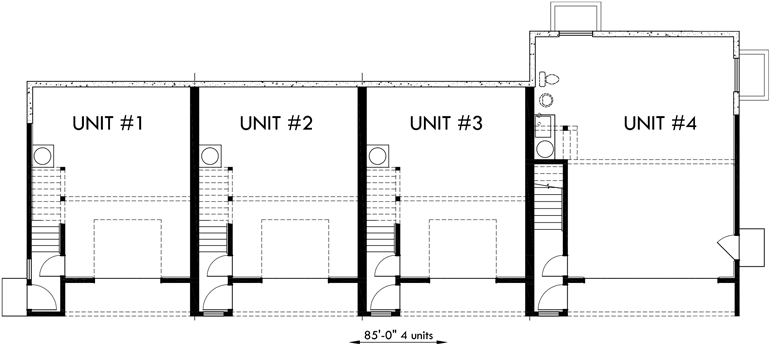 Lower Floor Plan 2 for 4 plex plans, fourplex with owners unit, quadplex plans with garage, 3 bedroom 4 plex house plans, F-551