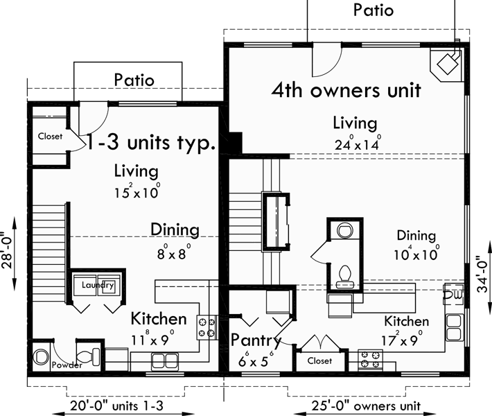 Main Floor Plan for F-551 4 plex plans, fourplex with owners unit, quadplex plans with garage, 3 bedroom 4 plex house plans, F-551