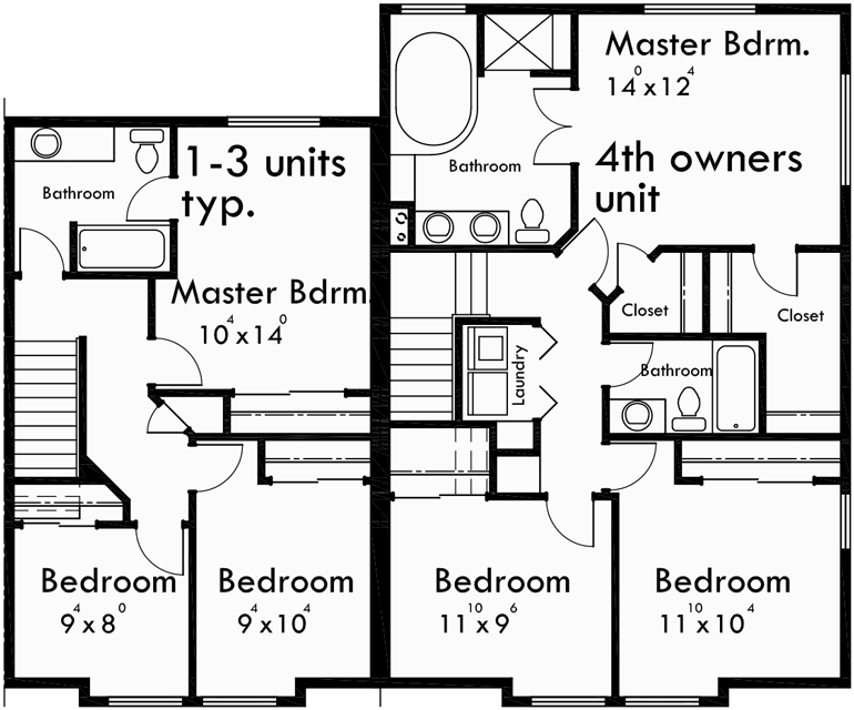 Upper Floor Plan for F-551 4 plex plans, fourplex with owners unit, quadplex plans with garage, 3 bedroom 4 plex house plans, F-551