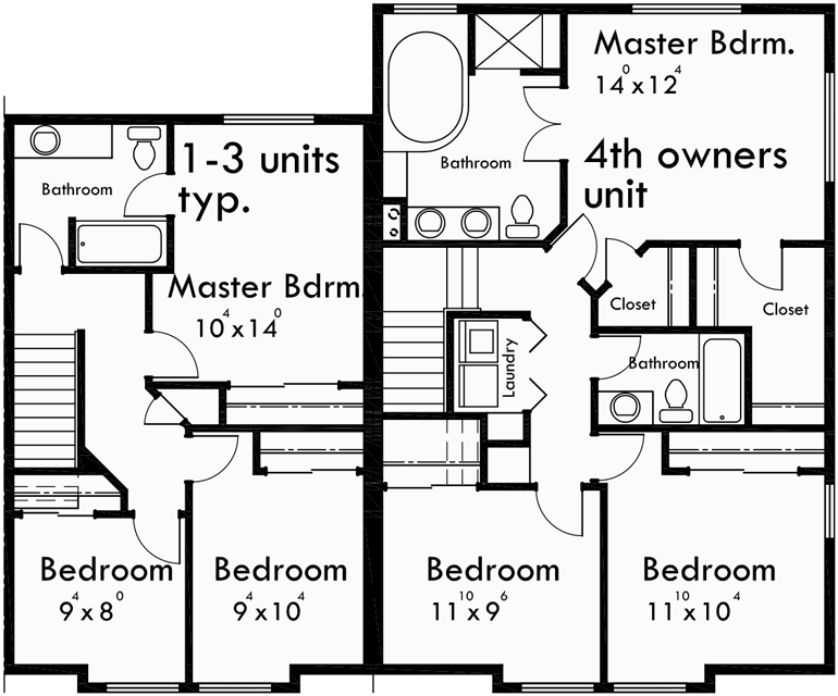 4 Plex Plans, Fourplex With Owners Unit, Quadplex, F551