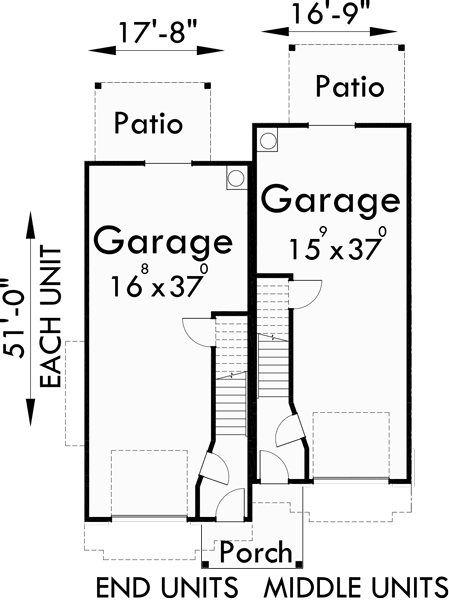 Lower Floor Plan for F-540 Heavy timber craftsman, Townhouse plans, 4 plex house plans, row house plans with garage, F-540