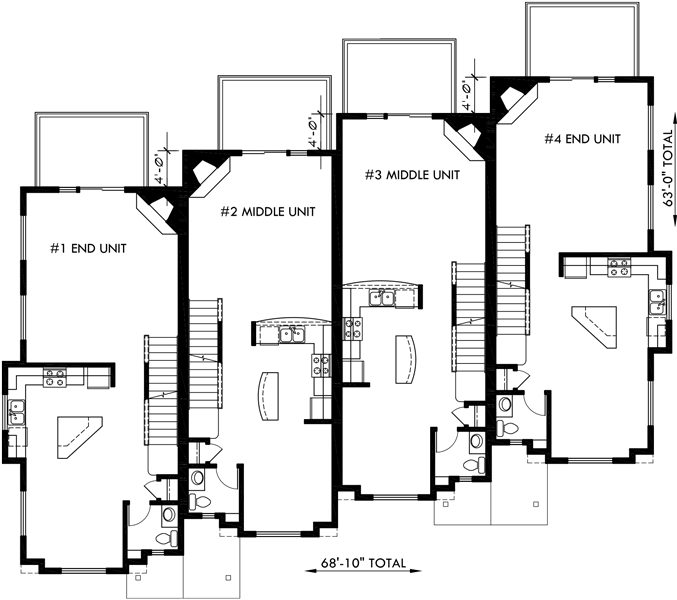 Main Floor Plan 2 for F-540 Heavy timber craftsman, Townhouse plans, 4 plex house plans, row house plans with garage, F-540