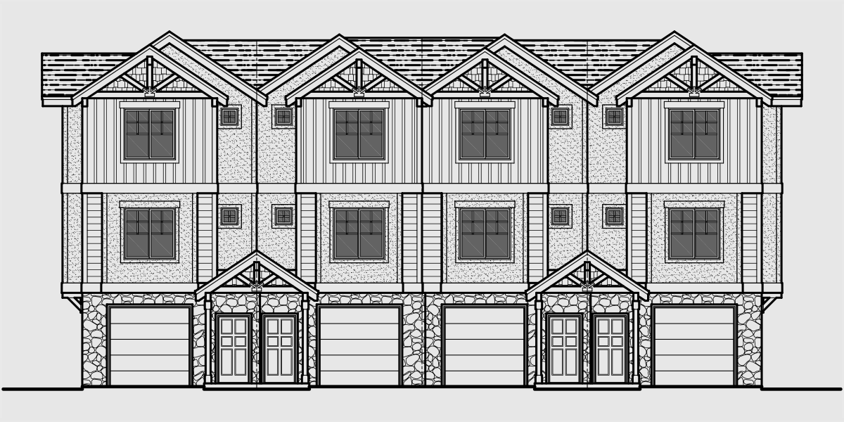 House front drawing elevation view for F-540 Heavy timber craftsman, Townhouse plans, 4 plex house plans, row house plans with garage, F-540