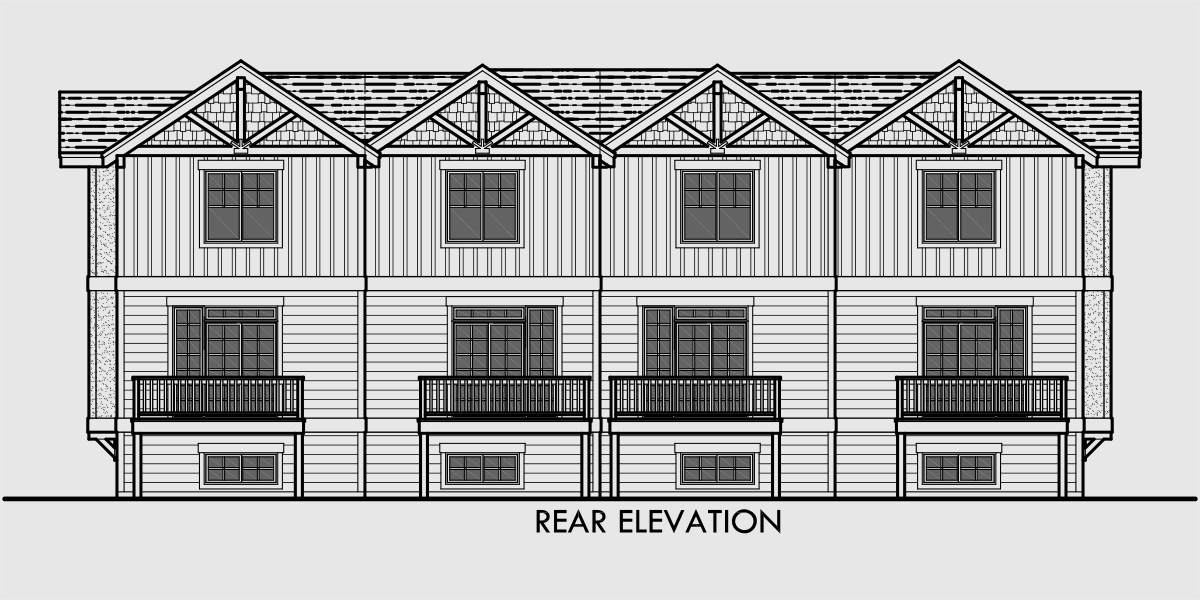 House side elevation view for F-540 Heavy timber craftsman, Townhouse plans, 4 plex house plans, row house plans with garage, F-540