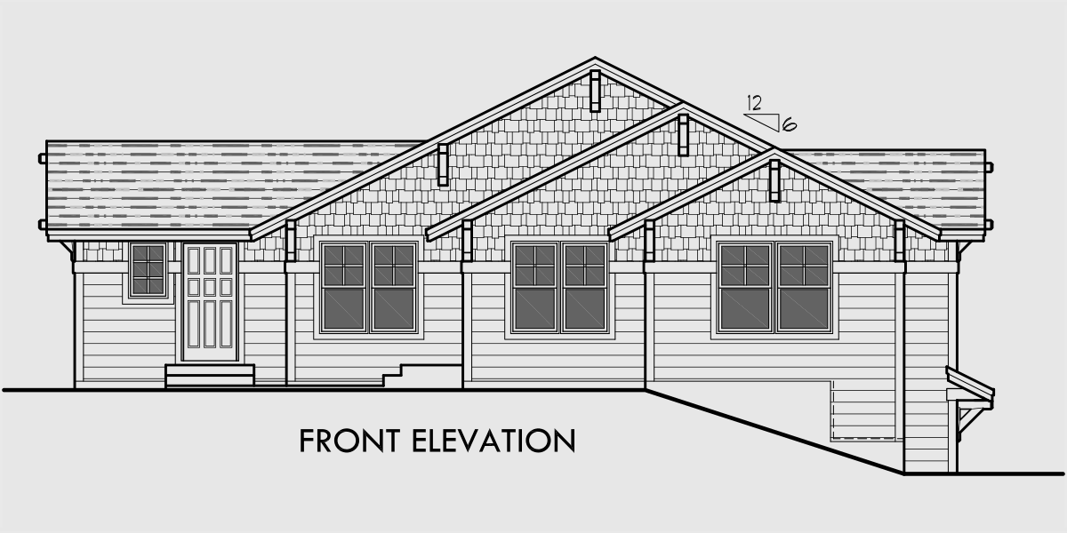 House front color elevation view for D-534 Duplex house plans, corner lot duplex plans, duplex plans for sloping lots, duplex plans for corner lots, D-534