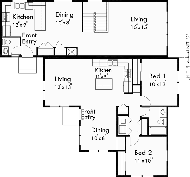 Main Floor Plan for D-534 Duplex house plans, corner lot duplex plans, duplex plans for sloping lots, duplex plans for corner lots, D-534