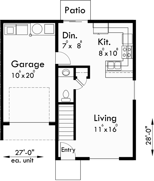 Main Floor Plan for D-528 Duplex house plans, 2 master bedroom house plans, 2 story duplex house plans, small duplex house plans, D-528
