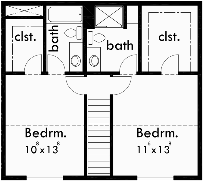 Upper Floor Plan for D-528 Duplex house plans, 2 master bedroom house plans, 2 story duplex house plans, small duplex house plans, D-528