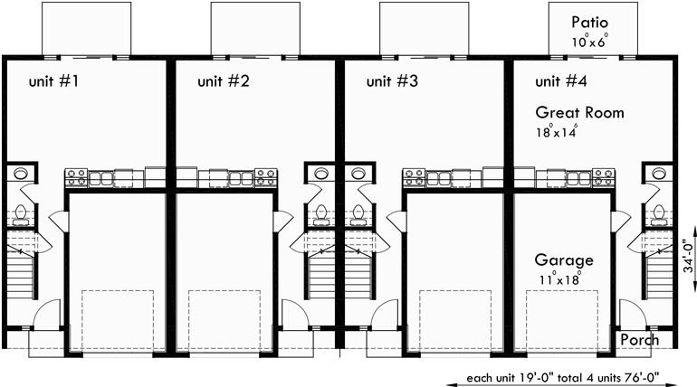 Main Floor Plan for F-542 4 plex plans, fourplex plans, 2 master bedroom   plans, F-542