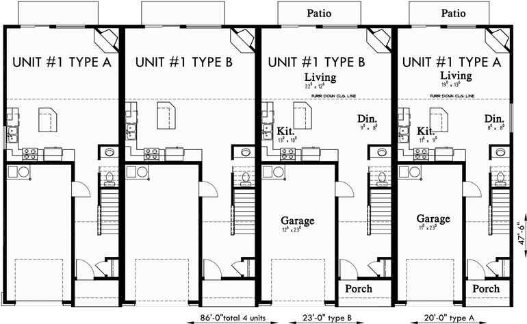 Main Floor Plan for F-550 Fourplex plans, 4 plex plans, 3 bedroom 4 plex plans, townhouse plans, F-550