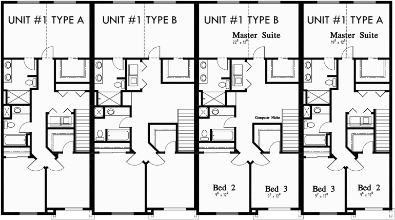 Upper Floor Plan for F-550 Fourplex plans, 4 plex plans, 3 bedroom 4 plex plans, townhouse plans, F-550