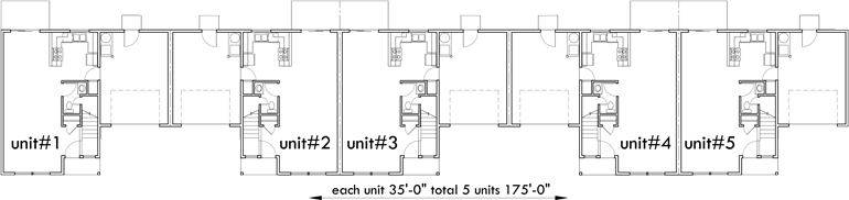 Main Floor Plan 2 for FV-567 Five plex, 5 unit row house, 5 unit townhouse, 3 bedroom multifamily, multifamily with garages, FV-567