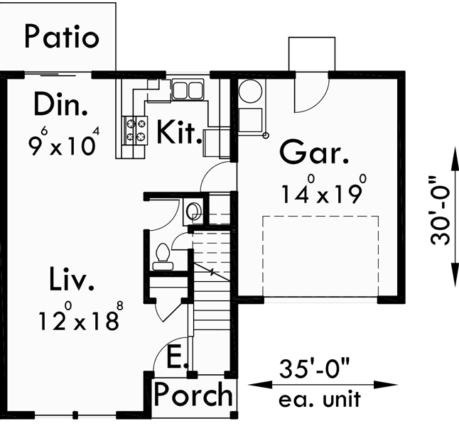 Main Floor Plan for FV-567 Five plex, 5 unit row house, 5 unit townhouse, 3 bedroom multifamily, multifamily with garages, FV-567