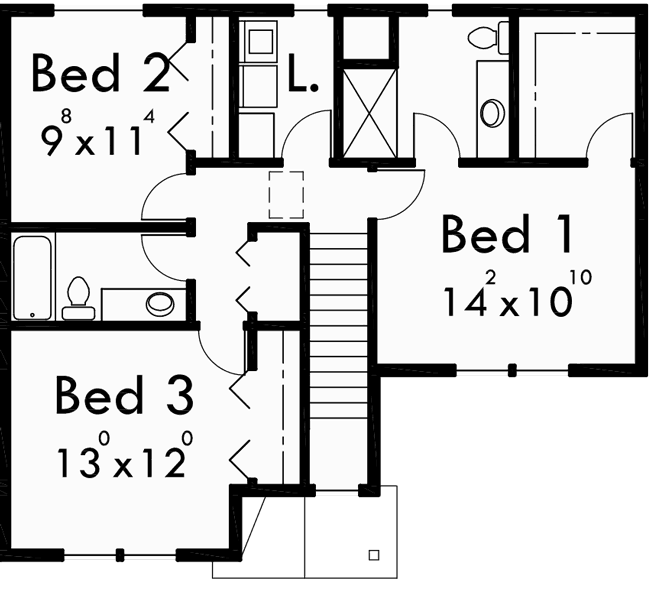 Upper Floor Plan for FV-567 Five plex, 5 unit row house, 5 unit townhouse, 3 bedroom multifamily, multifamily with garages, FV-567
