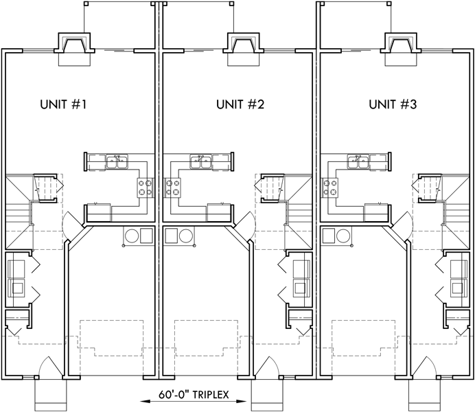 Main Floor Plan 2 for T-414 Triplex house plans, townhouse with garage, 3 unit townhouse plans, row house plans, T-414