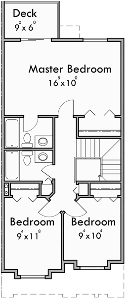 Upper Floor Plan for T-414 Triplex house plans, townhouse with garage, 3 unit townhouse plans, row house plans, T-414