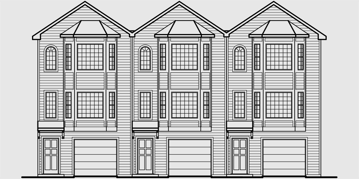 House front drawing elevation view for T-415 Triplex house plans, townhouse plans, 2 bedroom triplex plans, triplex with garage, T-415