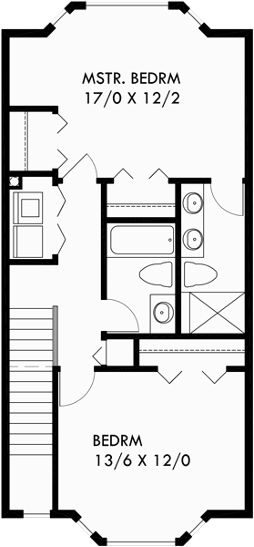 Upper Floor Plan for T-415 Triplex house plans, townhouse plans, 2 bedroom triplex plans, triplex with garage, T-415