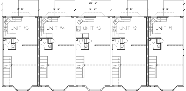 Main Floor Plan 2 for FV-568 5 unit house plans, 5 unit townhouse plans, 2 bedroom 5 plex plans, fiveplex with garage, FV-568