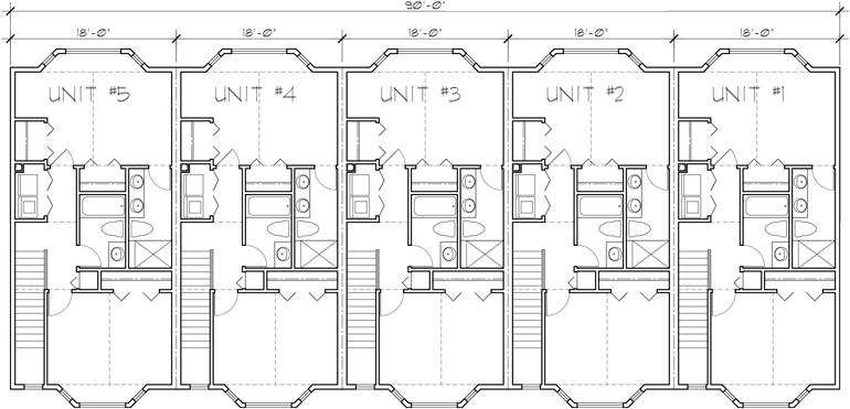 Upper Floor Plan 2 for 5 unit house plans, 5 unit townhouse plans, 2 bedroom 5 plex plans, fiveplex with garage, FV-568