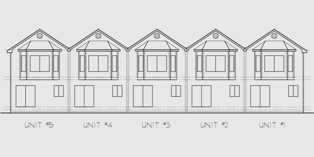 House side elevation view for FV-568 5 unit house plans, 5 unit townhouse plans, 2 bedroom 5 plex plans, fiveplex with garage, FV-568