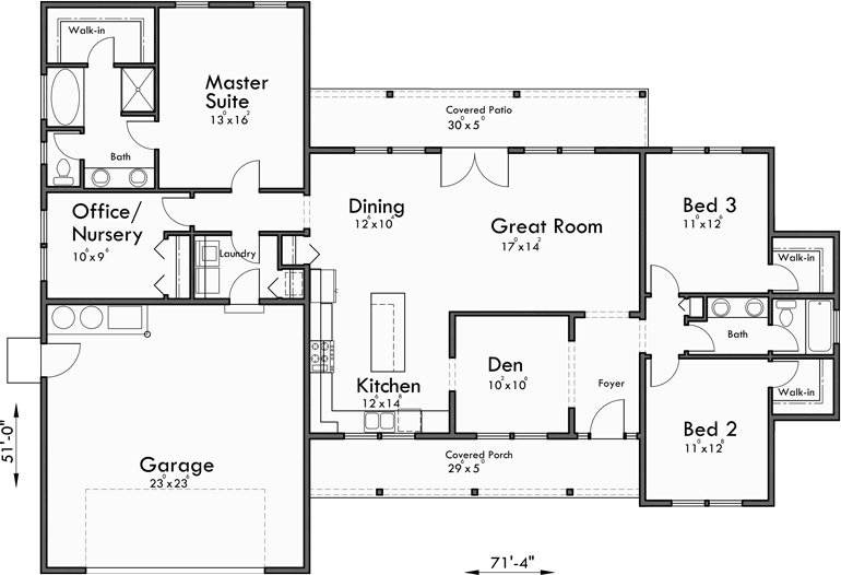 Main Floor Plan for 10162 Single level house plans, one story house plans, great room house plans, split bedroom house plans, 10162