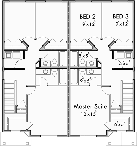 Upper Floor Plan for D-599 Duplex house plans, 2 story duplex plans, 3 bedroom duplex plans, 40x44 ft duplex plan, duplex plans with garage in the middle, D-599