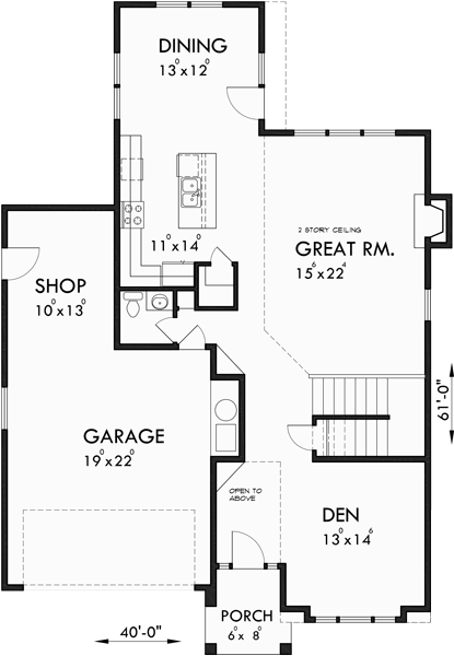 Main Floor Plan for 10168 Portland house plans, narrow house plans, 3 bedroom house plans, 10168<br />
