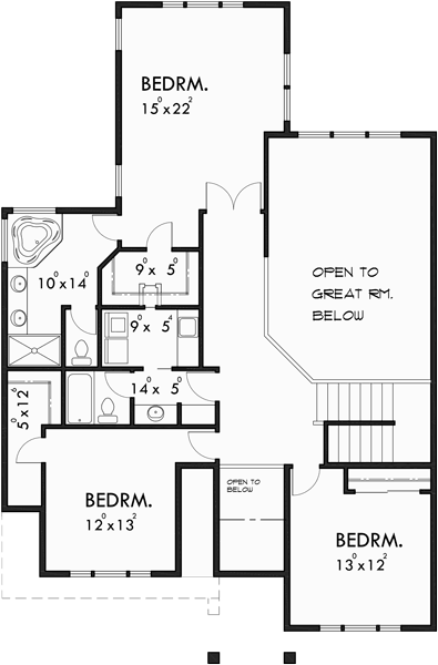 Upper Floor Plan for 10168 Portland house plans, narrow house plans, 3 bedroom house plans, 10168<br />
