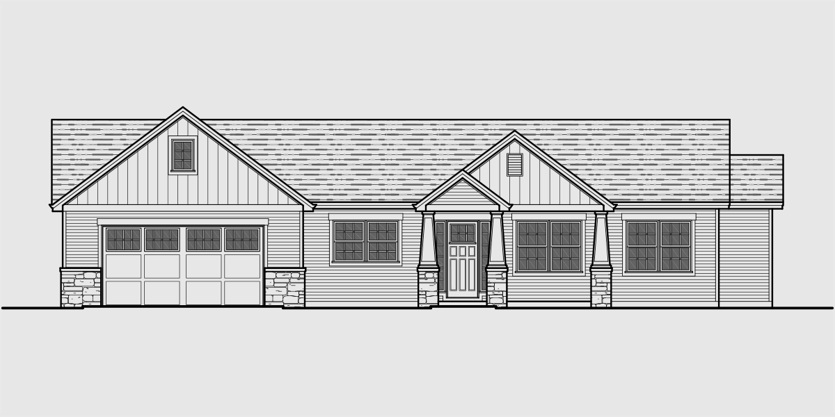 House rear elevation view for 10173 Portland Oregon house plans, one story house plans, great room house plans, 4 bedroom house plans, storage over garage, 10173