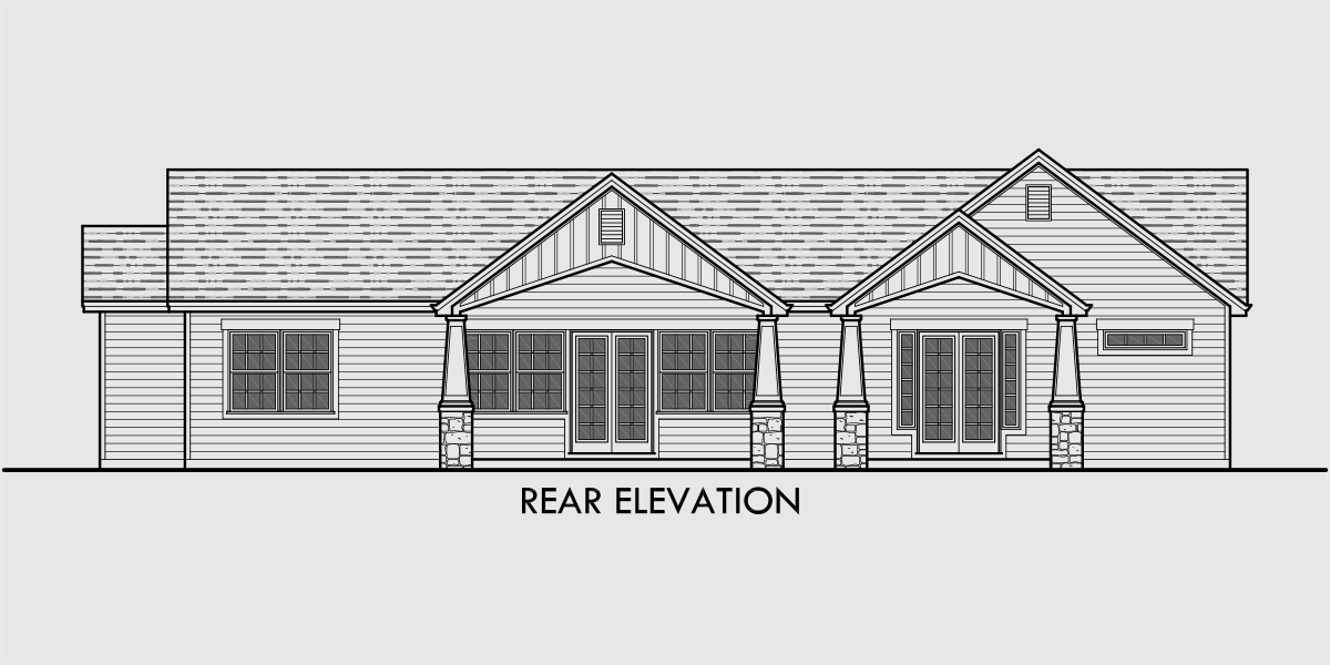 House rear elevation view for 10173 Portland Oregon house plans, one story house plans, great room house plans, 4 bedroom house plans, storage over garage, 10173