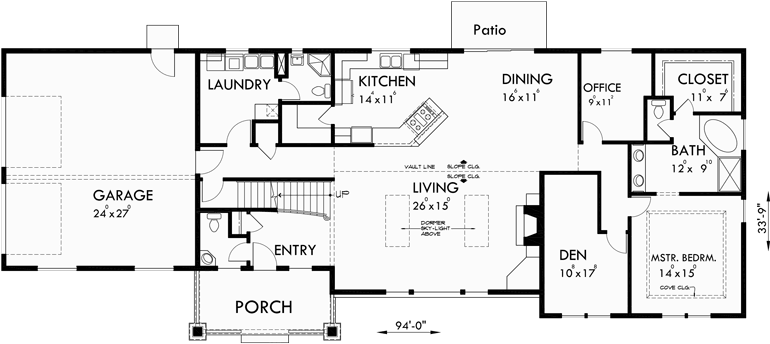 Main Floor Plan for 10089 Master bedroom on main floor, side garage house plans, 5 bedroom house plans, 10089