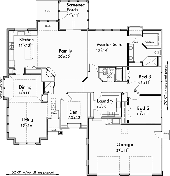 Main Floor Plan for 10163 One story house plans, ranch house plans, 3 bedroom house plans, house plans with screened porch, 10163