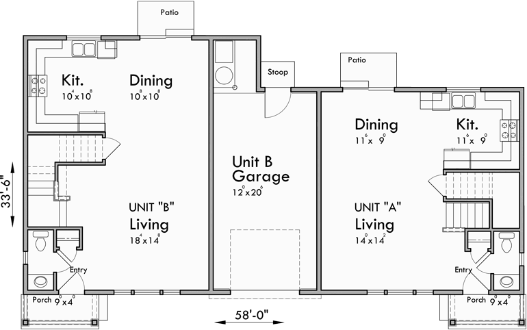 Main Floor Plan for D-575 Duplex house plans, owners unit duplex house plans, duplex house plans with storage, Victorian duplex house plans, D-575