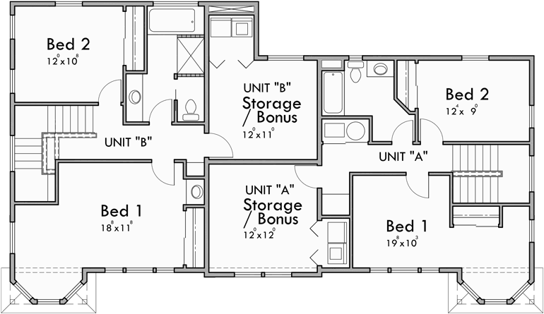 Upper Floor Plan for D-575 Duplex house plans, owners unit duplex house plans, duplex house plans with storage, Victorian duplex house plans, D-575