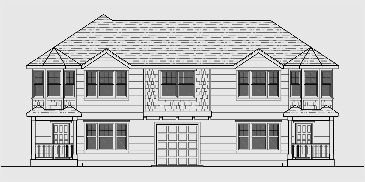 House front color elevation view for D-575 Duplex house plans, owners unit duplex house plans, duplex house plans with storage, Victorian duplex house plans, D-575