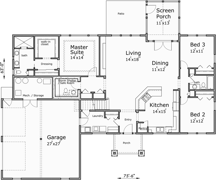 Main Floor Plan for 10164-fb One story house plans, house plans with bonus room, house plans with safe room, house plans with storm shelter 10164-fb