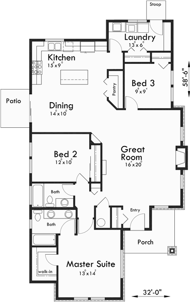 Main Floor Plan for 10174 Cost efficient house plans, empty nester house plans, house plans for seniors, one story house plans, single level house plans, floor, 10174 