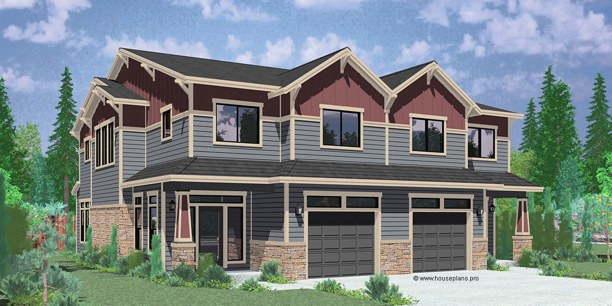 House front color elevation view for D-600 Craftsman duplex house plans, luxury duplex house plans, Hillsboro Oregon, house plans with loft, D-600