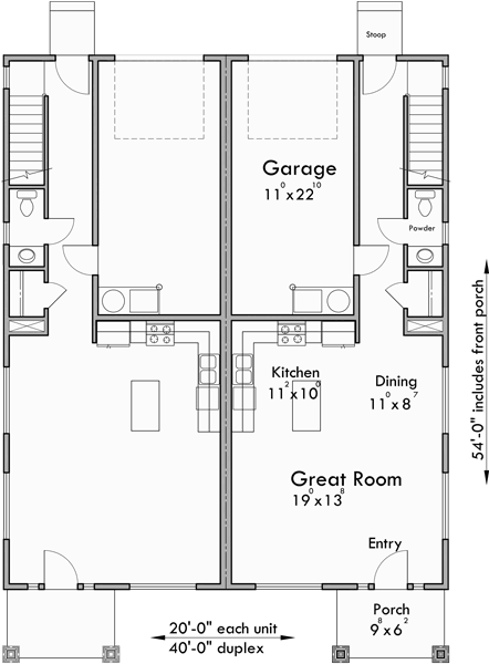 Main Floor Plan for D-601 Craftsman duplex house plans, house plans with rear garages, 3 bedroom duplex house plans, narrow townhouse plans, D-601