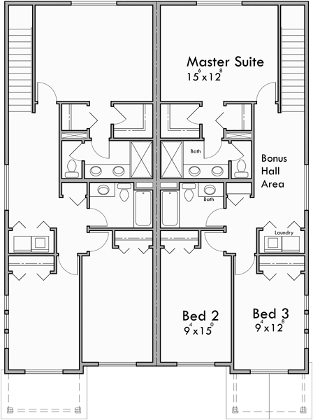Upper Floor Plan for D-601 Craftsman duplex house plans, house plans with rear garages, 3 bedroom duplex house plans, narrow townhouse plans, D-601