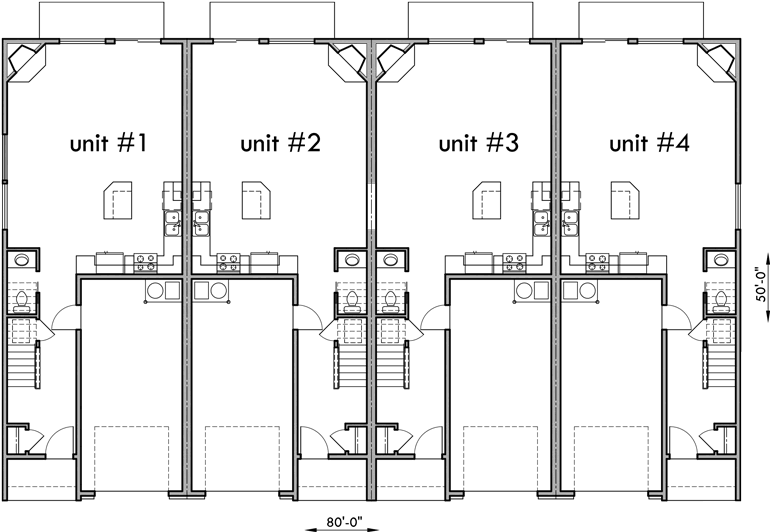 Main Floor Plan 2 for F-555 Four plex house plans, craftsman row house plans,F-555