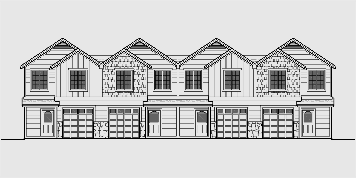 House front drawing elevation view for F-555 Four plex house plans, craftsman row house plans,F-555