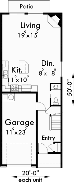Main Floor Plan for F-555 Four plex house plans, craftsman row house plans,F-555