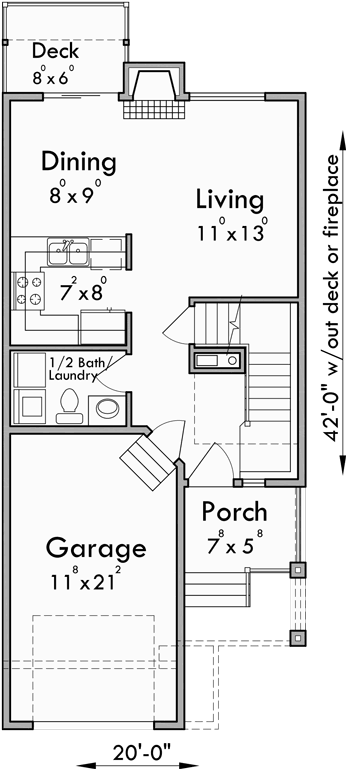 Main Floor Plan for 10176 Narrow lot house plans with basement, 10176