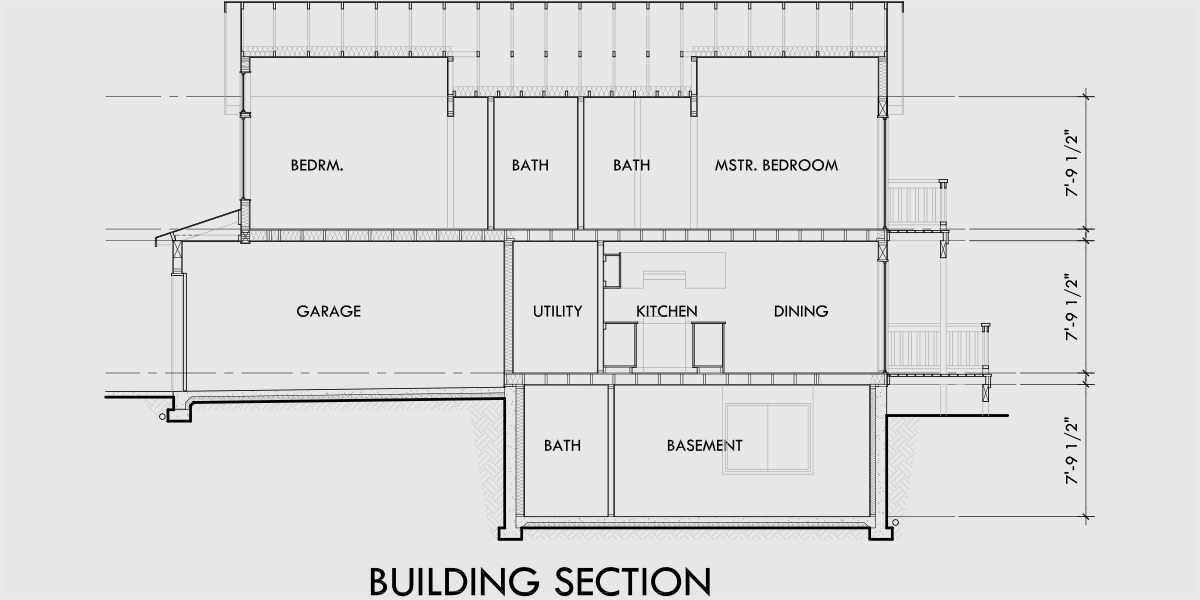 House rear elevation view for 10176 Narrow lot house plans with basement, 10176